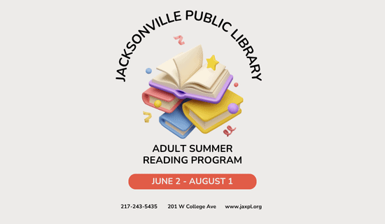 Illustration of stacked books with musical notes and stars around them. Text: Jacksonville Public Library Adult Summer Reading Program, June 2 - August 1. Contact info and website at bottom.