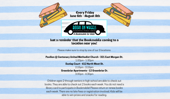 Illustration of a bookmobile under a banner reading Every Friday with event details below for Pavilion Garden Apartments, 2727 East Morgan St., offering childrens story time and book borrowing from 12:30–1:30 p.m.